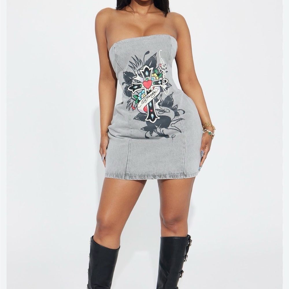 Ed Hardy Gray Denim Strapless Dress